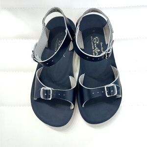 SUN-SAN Hoy SALT WATER Navy Blue SANDALS Big GIRLS Leather Double Buckle Sz 1